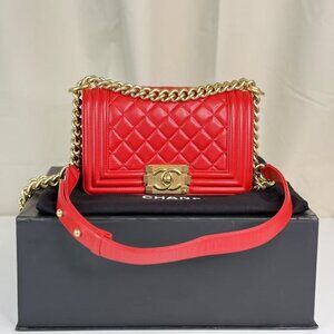 Chanel Red Leather Small Boy Bag Full Set with Gold Chain Strap